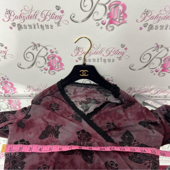 Butterfly roses shirt stretchy y2k lace trim black and red goth punk fairy y2k - Picture 7 of 7